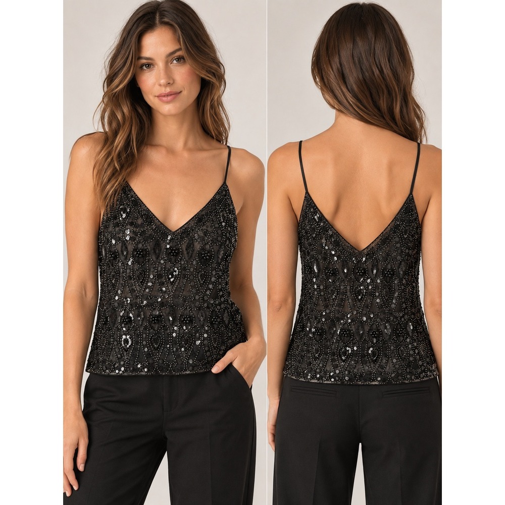 Womens M Black Beaded Sequin Mesh V Neck Cami Party Going Out Top 2000s Y2K